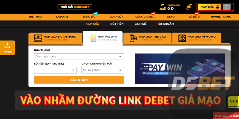 Vào nhầm đường link Debet giả mạo